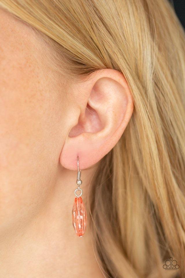 Paparazzi Accessories Just TEAR-ridiculous - Multi Faceted Limpet Shell, Living Coral, and glassy teardrops swing from the bottom of a thick silver chain, creating a vivacious fringe below the collar. Features an adjustable clasp closure. Jewelry