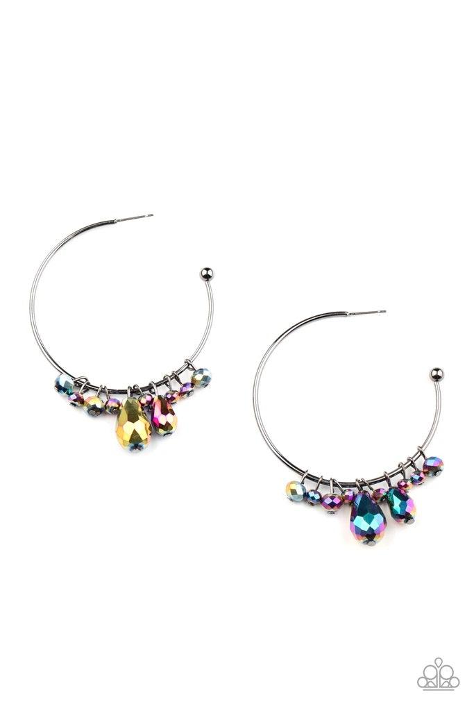 Paparazzi Accessories Dazzling Downpour - Multi Featuring an oil spill shimmer, a collection of round and teardrop crystal-like beads slide along a dainty gunmetal hoop for a modern twist. Earring attaches to a standard post fitting. Hoop measures approxi