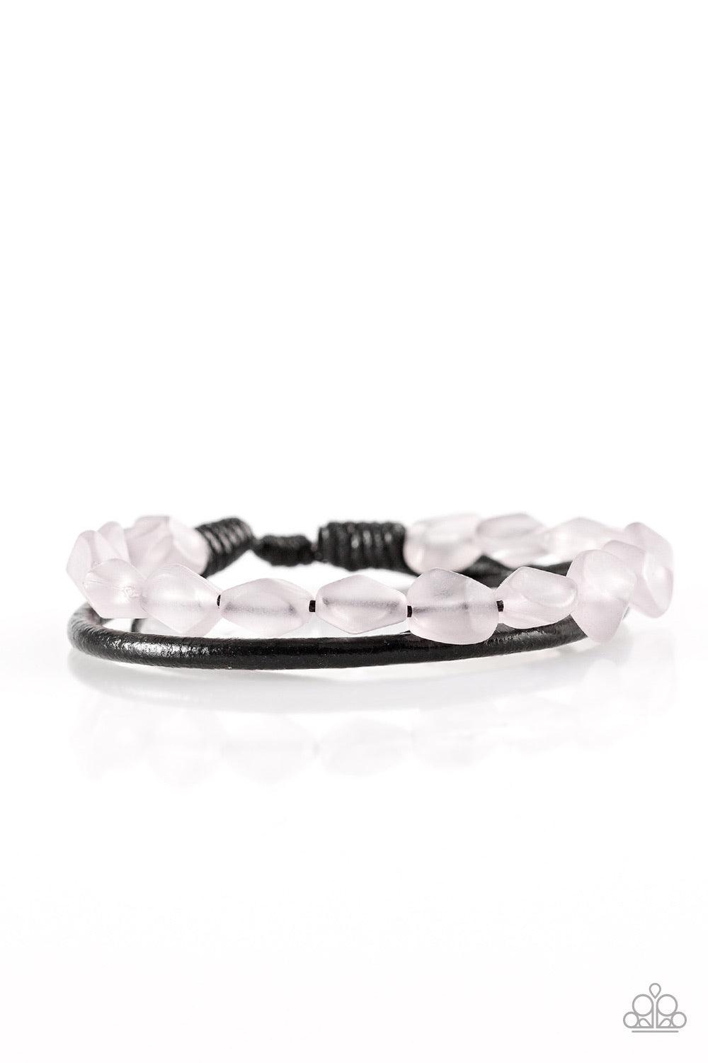 Paparazzi Accessories Treasure Trail ~Silver Featuring an opaque finish, a strand of faceted gray beads and a strand of shiny leather cording wrap around the wrist, creating dainty layers. Features an adjustable sliding knot closure. Sold as one individua
