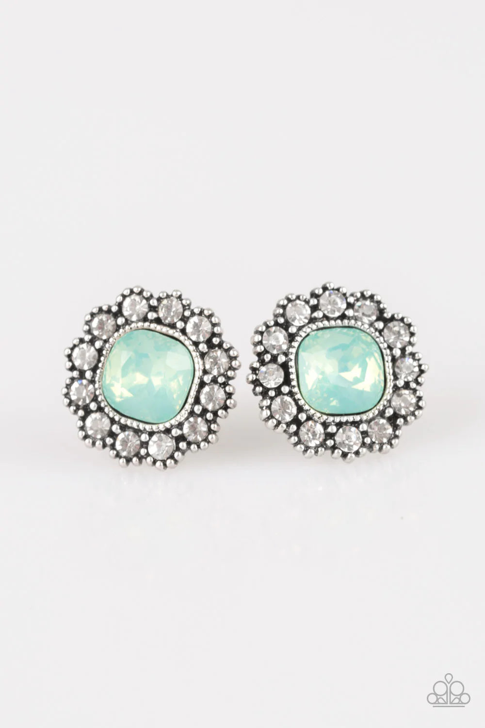 Paparazzi Accessories Little Lady - Green Glittery white rhinestones spin around a glassy green moonstone center for a whimsical look. Earring attaches to a standard post fitting. Sold as one pair of post earrings. Jewelry