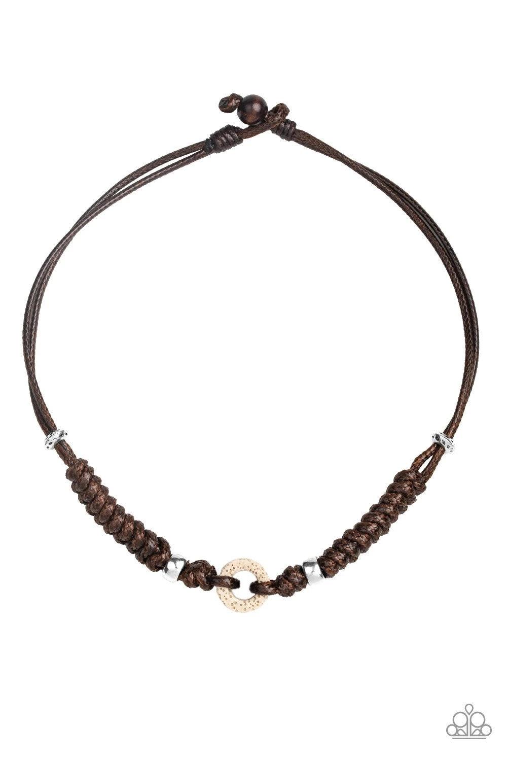 Paparazzi Accessories Beach Cruise - Brown Infused with shiny silver accents, braided brown cording knots around an earthy lava stone pendant for an urban look. Features a button loop closure. Sold as one individual necklace. Jewelry