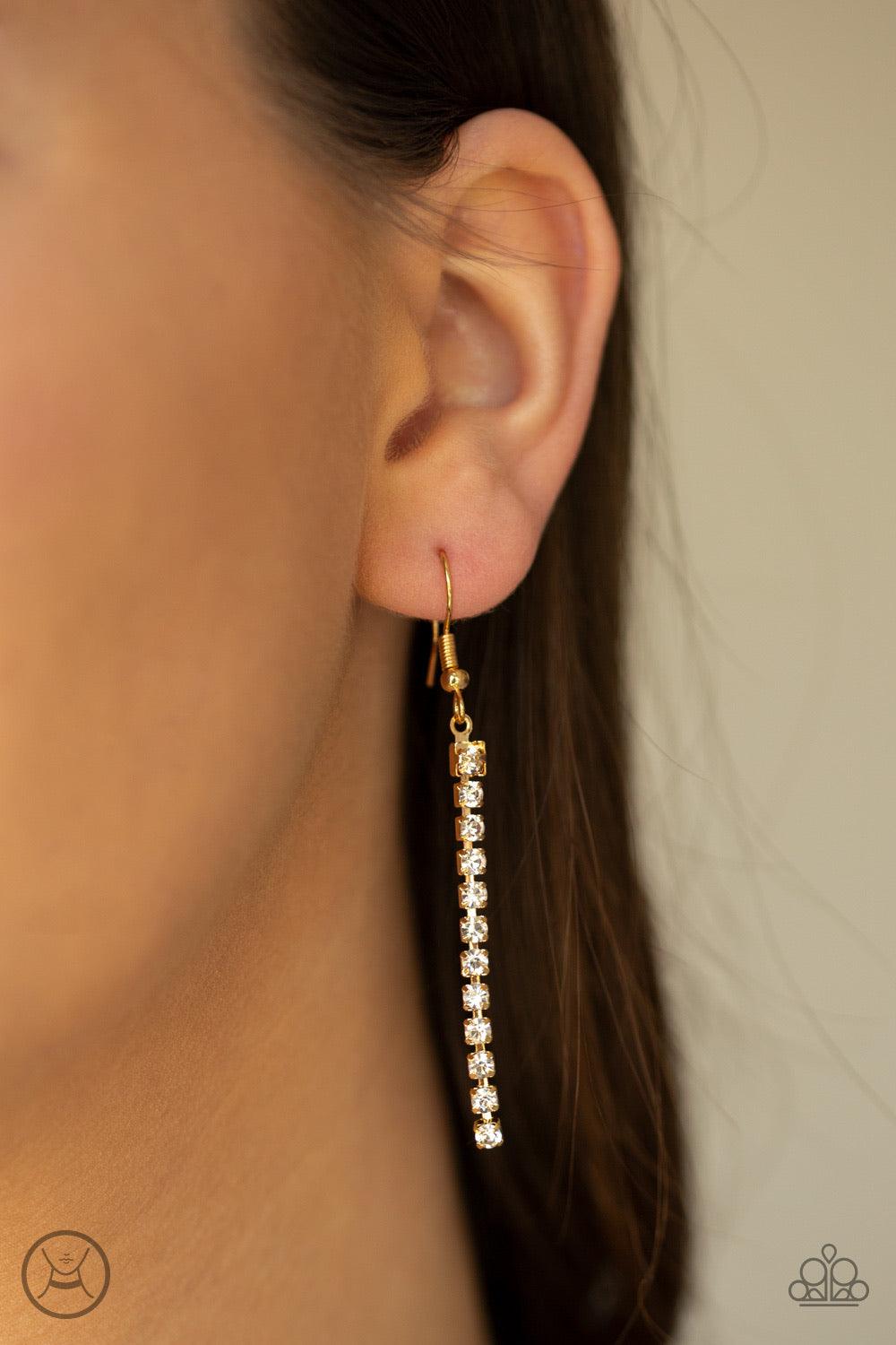 Paparazzi Accessories Full REIGN - Gold Featuring sleek square fittings, strands of glittery white rhinestones connect with rows of gold box chain around the neck for a glittery twist. Features an adjustable clasp closure. Jewelry