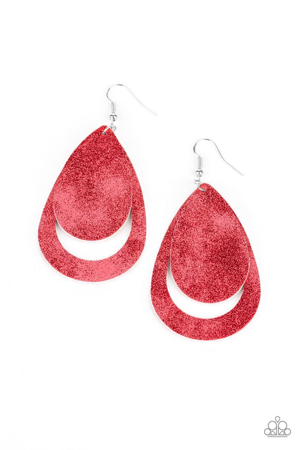 Paparazzi Accessories Fiery Firework - Red Brushed in a metallic red finish, sparkling leather teardrops drip from the ear, coalescing into a trendy lure. Earring attaches to a standard fishhook fitting. Jewelry