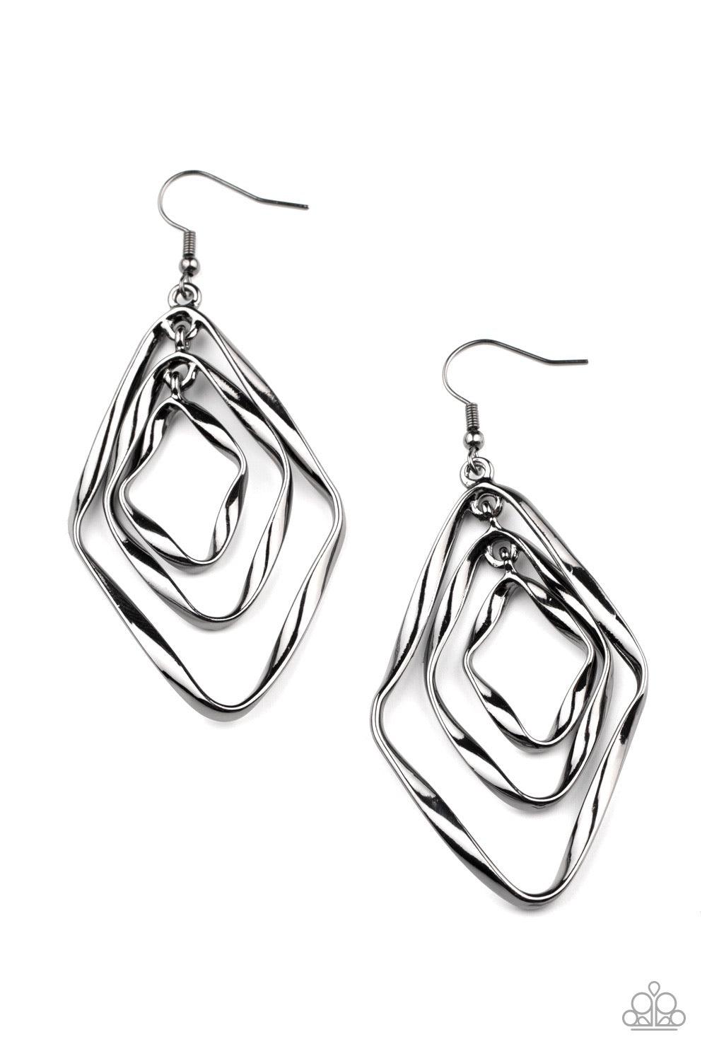 Paparazzi Accessories Retro Resplendence - Silver A trio of twirling gunmetal diamond-shaped frames link into a rippling lure for a dizzying look. Earring attaches to a standard fishhook fitting. Sold as one pair of earrings. Jewelry