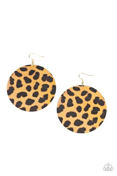 Paparazzi Accessories Doing Grr-eat ~Brown Featuring shimmery cheetah print, an oversized gold disc swings from the ear for a statement-making finish. Earring attaches to a standard fishhook fitting. Jewelry
