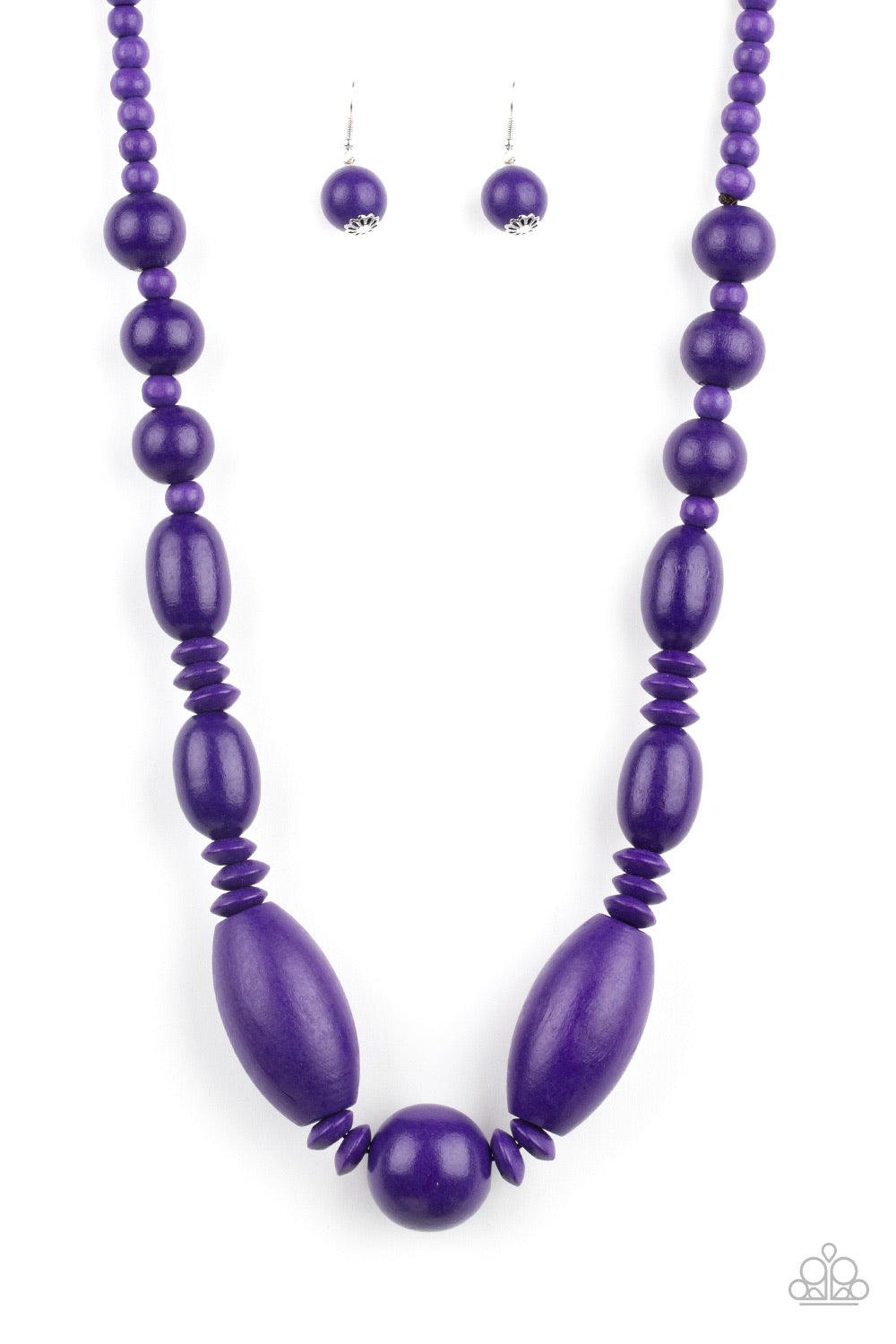 Paparazzi Accessories Summer Breezin - Purple A variety of purple wooden beads are threaded along a brown string draped across the chest for a summery flair. Jewelry