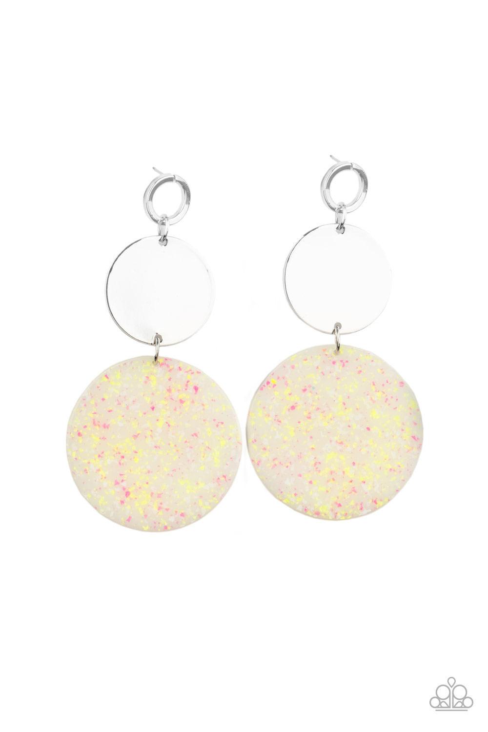 Paparazzi Accessories Beach Day Glow - Yellow A speckled acrylic circle swings from the bottom of a glistening silver disc that is attached to an airy circle fitting. The shiny trio links into a colorful lure for a retro look. Earring attaches to a standa