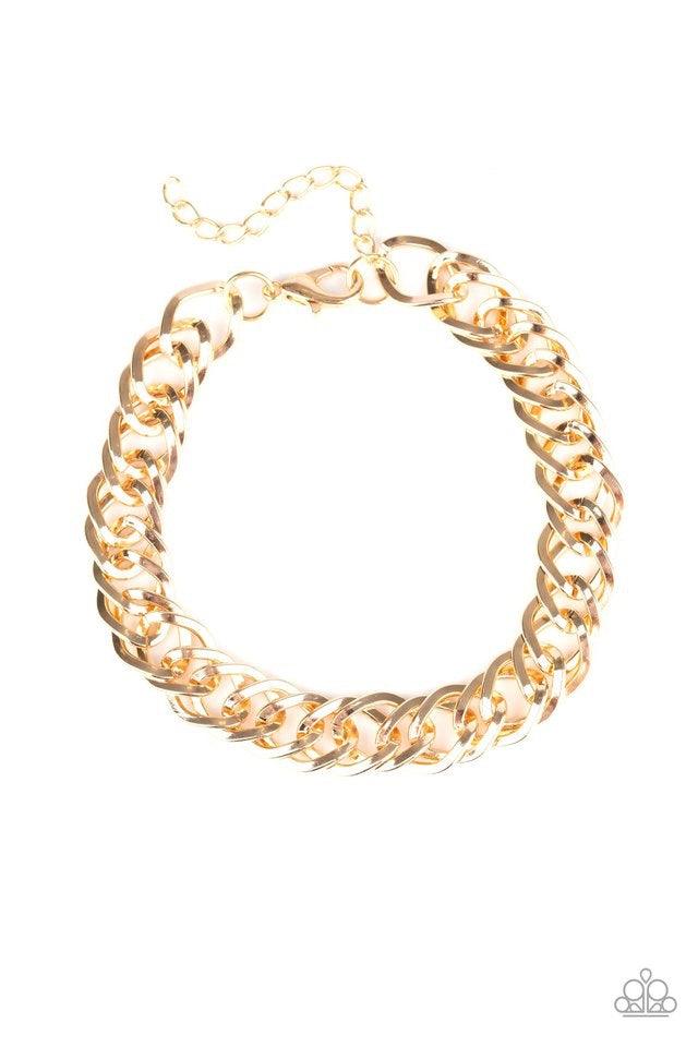 Paparazzi Accessories On The Ropes - Gold Featuring double links, a glistening gold chain wraps around the wrist for a casual look. Features an adjustable clasp closure. Jewelry