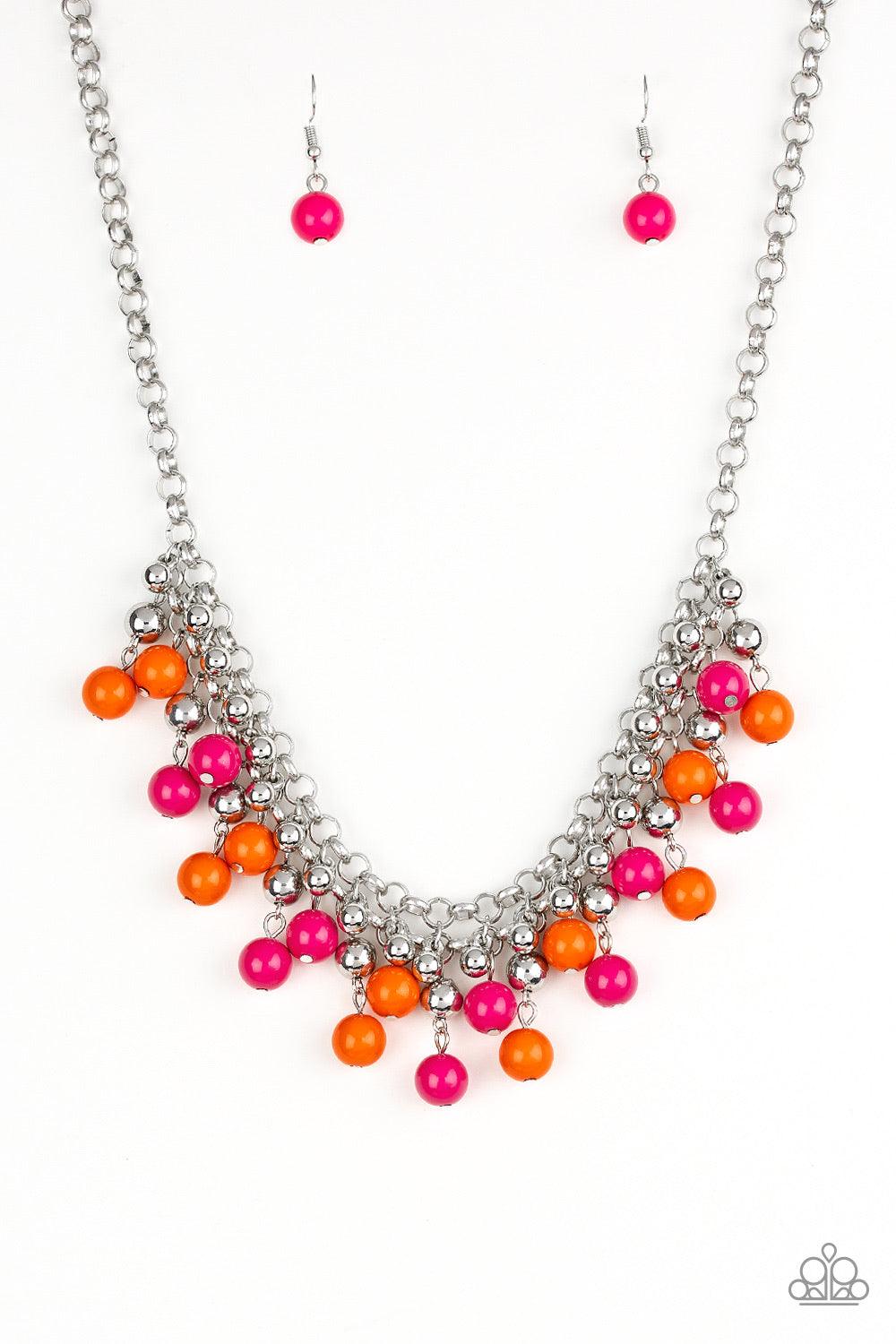 Paparazzi Accessories Friday Night Fringe - Multi Rows of classic orange, pink, and silver beads trickle from two rows of interlocking silver chains, creating a bold colorful fringe below the collar. Features and adjustable clasp closure. Sold as one indi