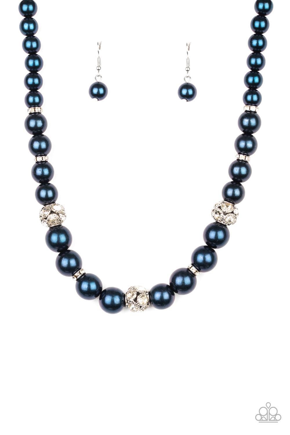 Paparazzi Accessories Rich Girl Refinement - Blue Infused with dainty white rhinestone encrusted rings, a collection of oversized blue pearls and sparkling white rhinestone encrusted beads are threaded along an invisible wire below the collar for a refine