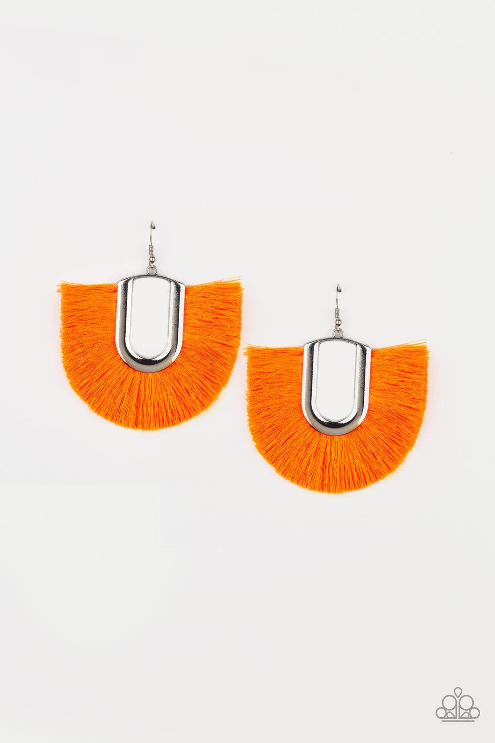 Paparazzi Accessories Tassel Tropicana - Orange Neon orange thread fans out from a striking silver fitting, creating a vivacious fringe. Earring attaches to a standard fishhook fitting. Jewelry