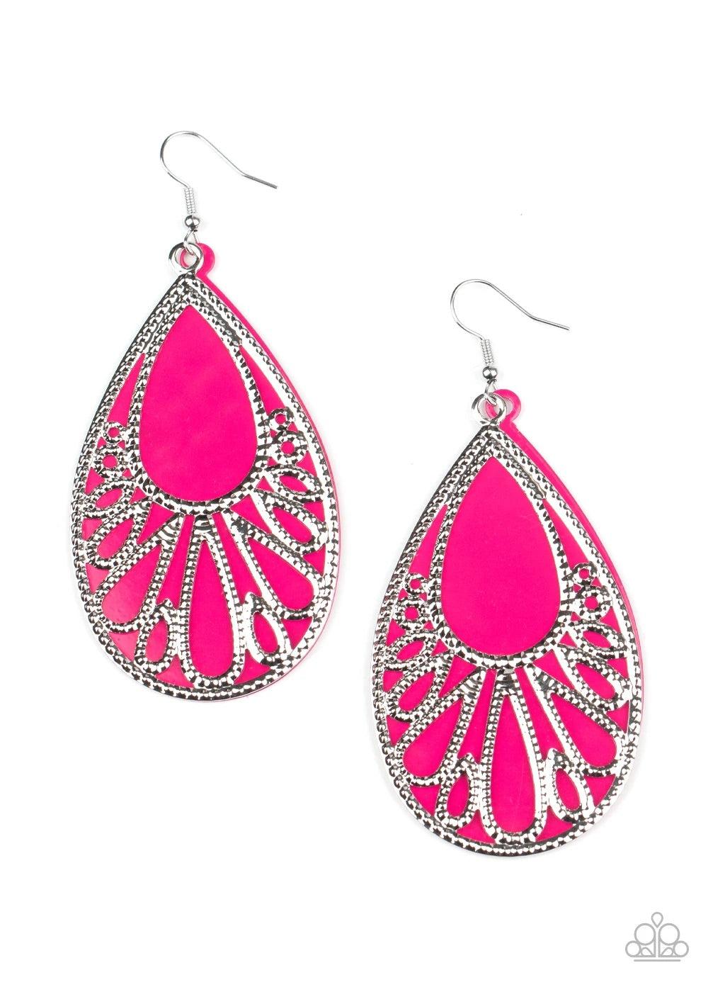Paparazzi Accessories Loud And Proud - Pink Stenciled with studded filigree, an airy silver teardrop overlaps atop a pink acrylic teardrop frame, creating a flamboyant lure. Earring attaches to a standard fishhook fitting. Sold as one pair of earrings. Je