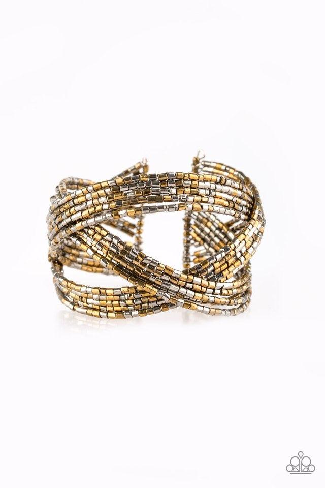 Paparazzi Accessories Shooting Stars - Multi Layers of brass and gunmetal seed beads are braided together to create a breathtaking cuff design that shimmers brilliantly along the wrist. Sold as one individual bracelet. Jewelry