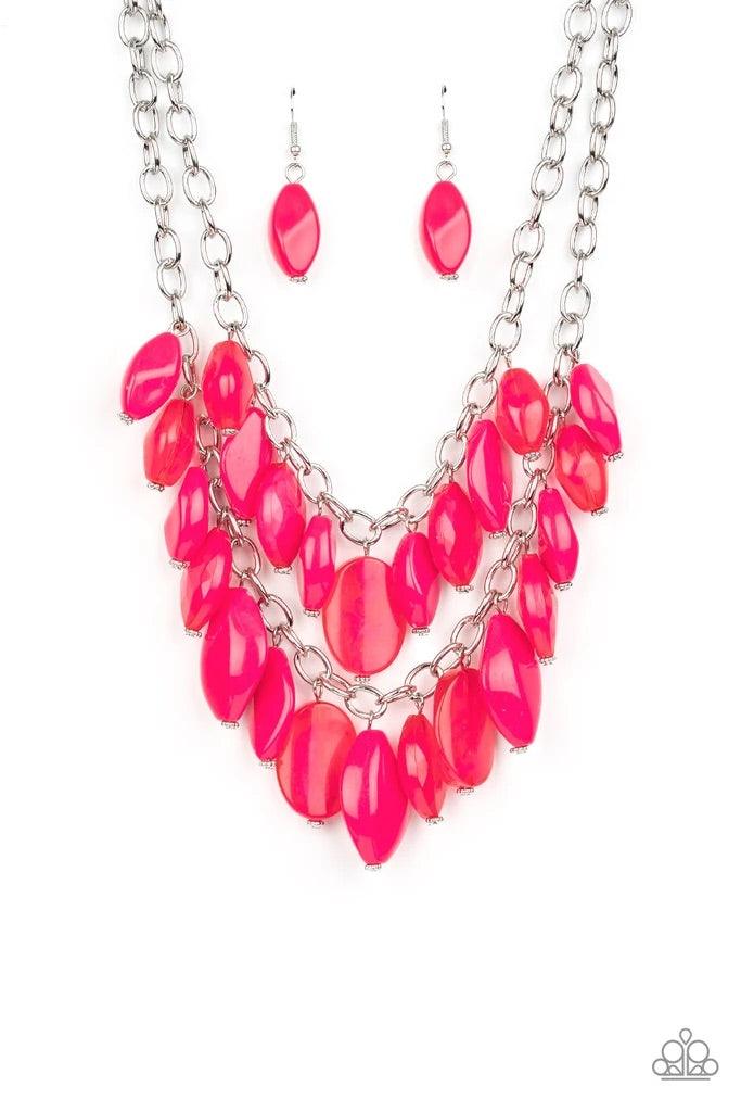 Paparazzi Accessories Palm Beach Beauty - Pink Two boisterous rows of glassy, opaque, and faceted pink beads boldly layer below the collar for a vivaciously colorful look. Features an adjustable clasp closure.Sold as one individual necklace. Includes one