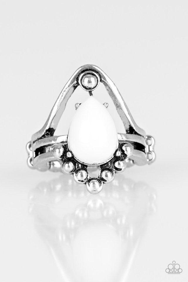 Paparazzi Accessories The Bold And The Bead-iful ~White Antiqued silver studs and arcing silver bars wrap into a layered band. A shiny white bead is pressed into the center of the geometric frame for a colorful tribal flair. Features a dainty stretchy ban