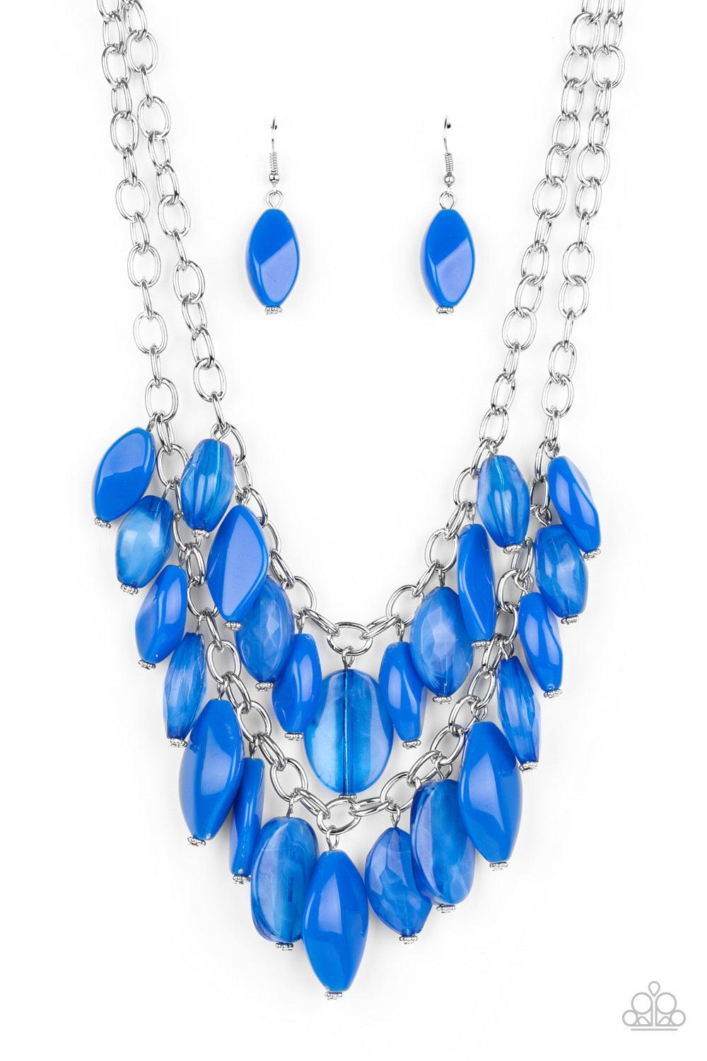 Paparazzi Accessories Palm Beach Beauty - Blue Two boisterous rows of glassy, opaque, and faceted blue beads boldly layer below the collar for a vivaciously colorful look. Features an adjustable clasp closure. Sold as one individual necklace. Includes one