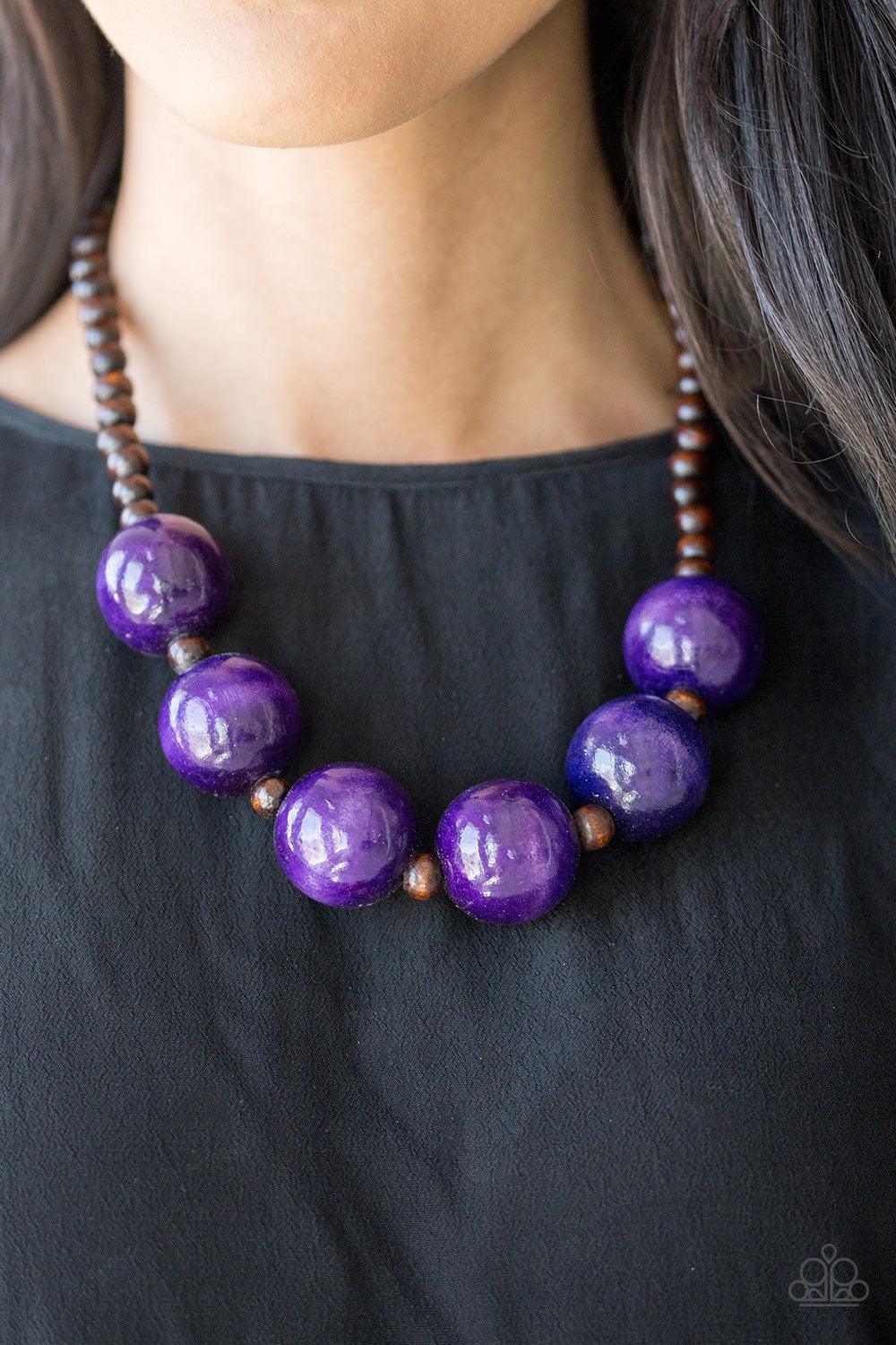 Paparazzi Accessories Oh My Miami - Purple Brown wooden beads are threaded along shiny brown cording. Brushed in a vivacious finish, dramatic purple wooden beads alternate below the collar for a bold summer look. Features a button loop closure. Jewelry