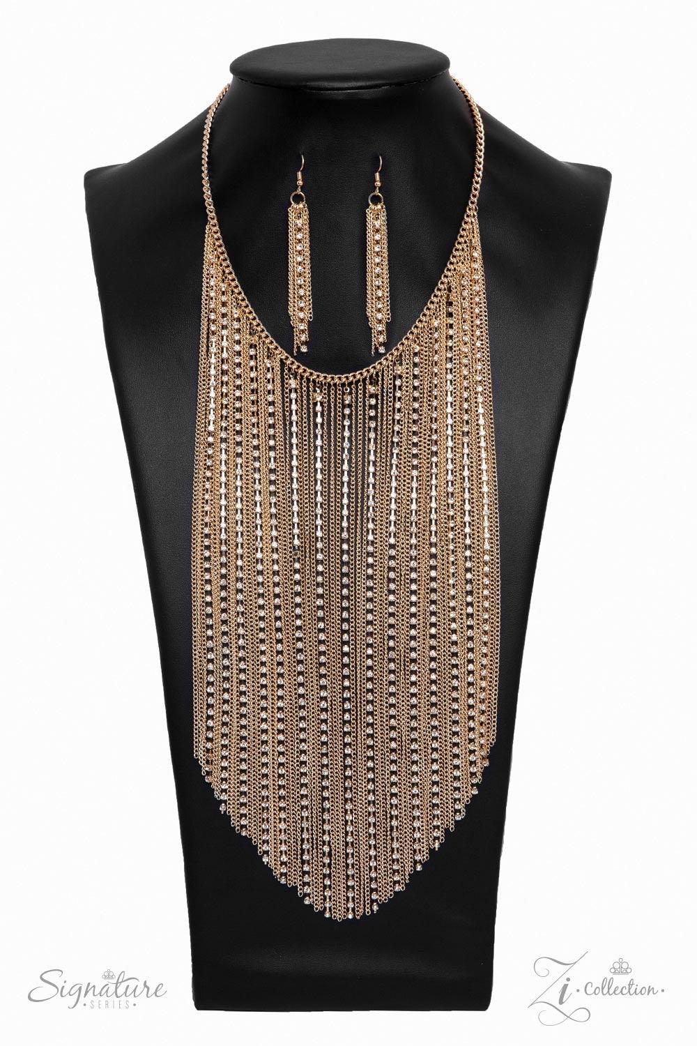 Paparazzi Accessories The Ramee 💗ZiCollection $25💗 A curtain of shimmering gold chains and dazzling white rhinestones cascades down the chest, creating a fearless fringe. The scintillating chains subtly increase in length towards the center, tapering in
