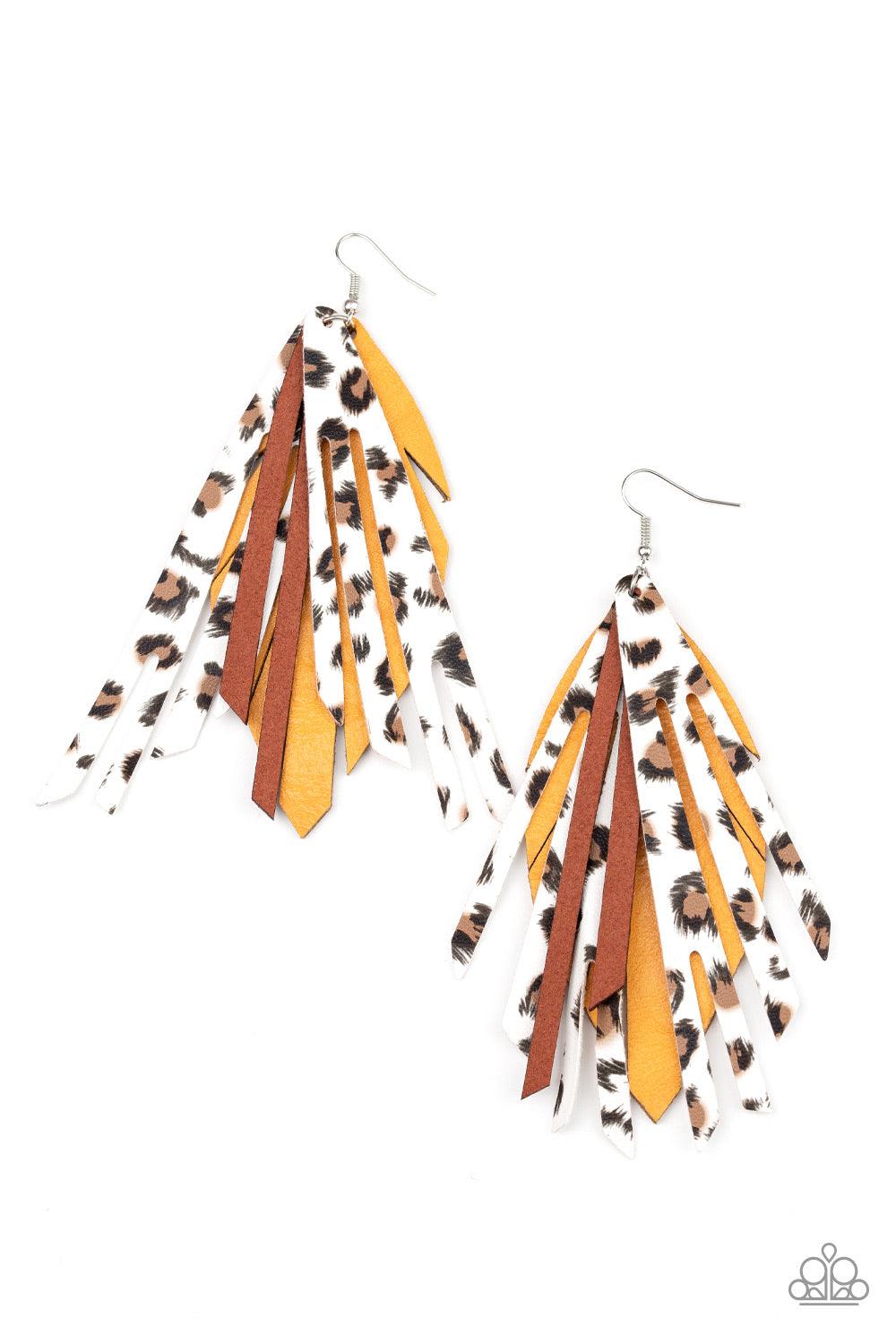 Paparazzi Accessories Untamable ~Yellow Strips of brown suede and cheetah patterned leather pieces layer atop a leather feather backdrop, creating a wild fringe. Earring attaches to a standard fishhook fitting.