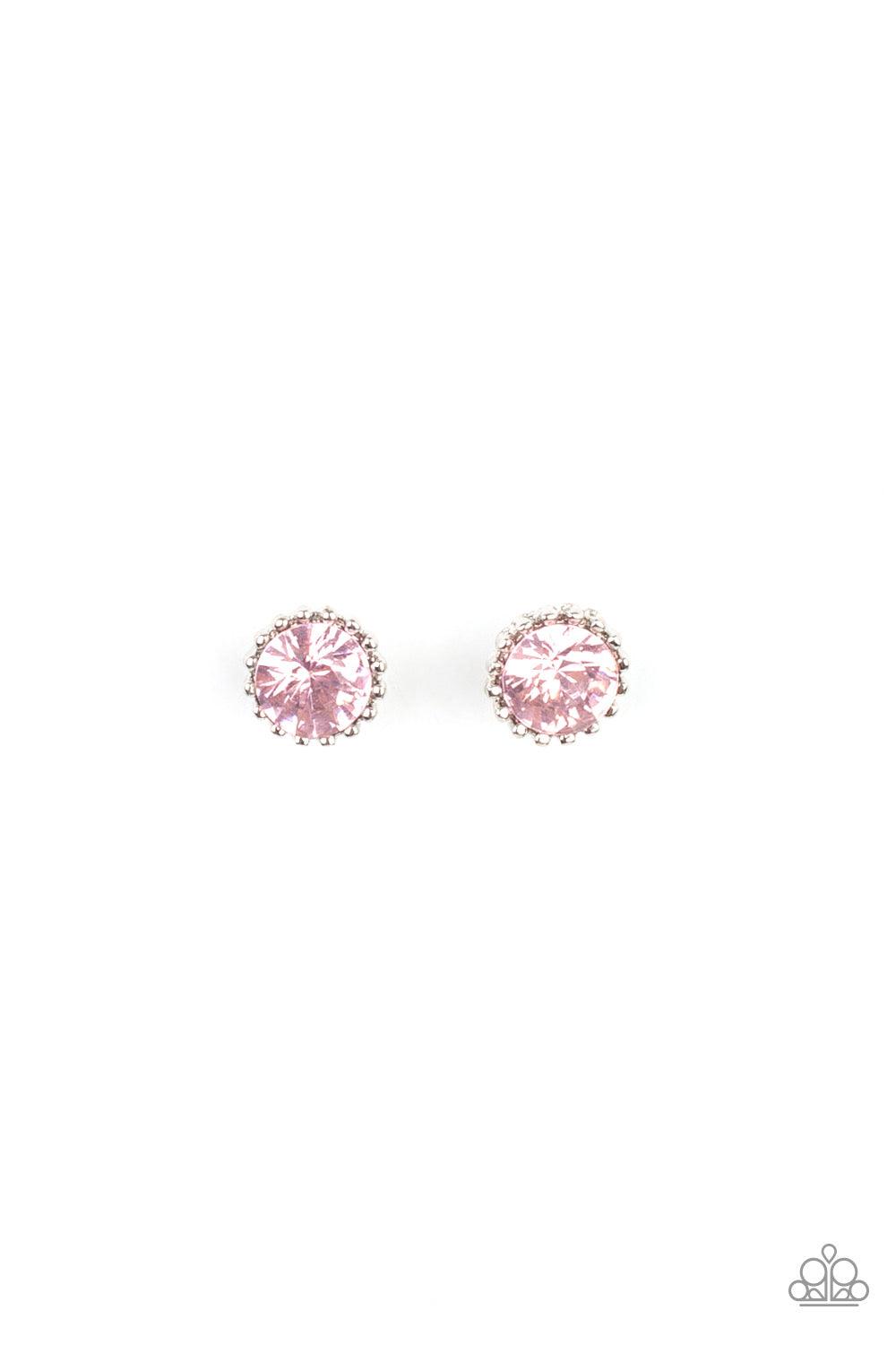 Paparazzi Accessories Starlet Shimmer Earrings #27 Featuring pronged silver fittings, the glittery pink rhinestone centers vary in round, square, teardrop, oval, triangular, and marquise style cuts. Earrings attach to standard post fittings. Jewelry
