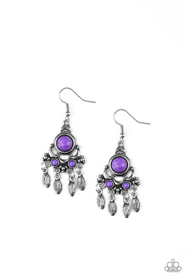 Paparazzi Accessories No Place Like HOMESTEAD - Purple Dotted with vivacious purple stone accents, an ornate silver frame gives way to a silver beaded fringe for a seasonal look. Earring attaches to a standard fishhook fitting. Jewelry