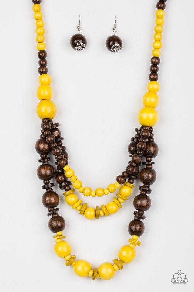 Paparazzi Accessories Rio Rainbows - Yellow Brushed in sunny yellow and earthy brown finishes, vivacious wooden beads and discs are threaded along strands of shiny brown cording for a summery look. Jewelry