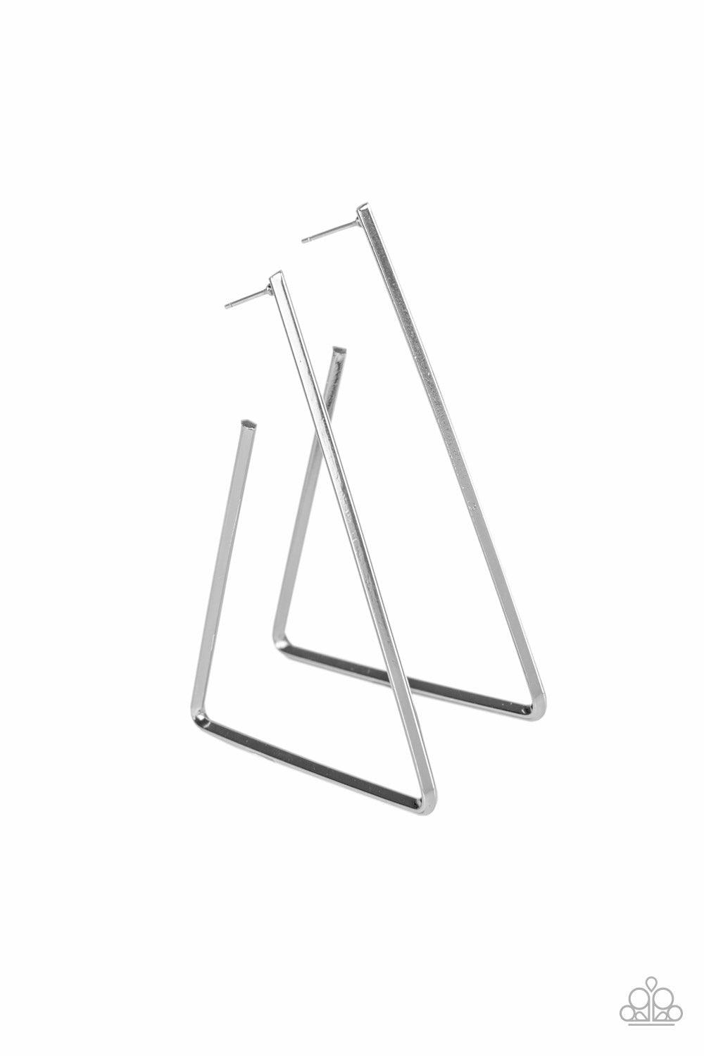 Paparazzi Accessories Go Ahead and Tri - Silver A glistening silver bar sharply bends into an airy triangular frame for an edgy geometric look. Earring attaches to a standard post fitting. Hoop measures approximately 2" in diameter. Sold as one pair of ho