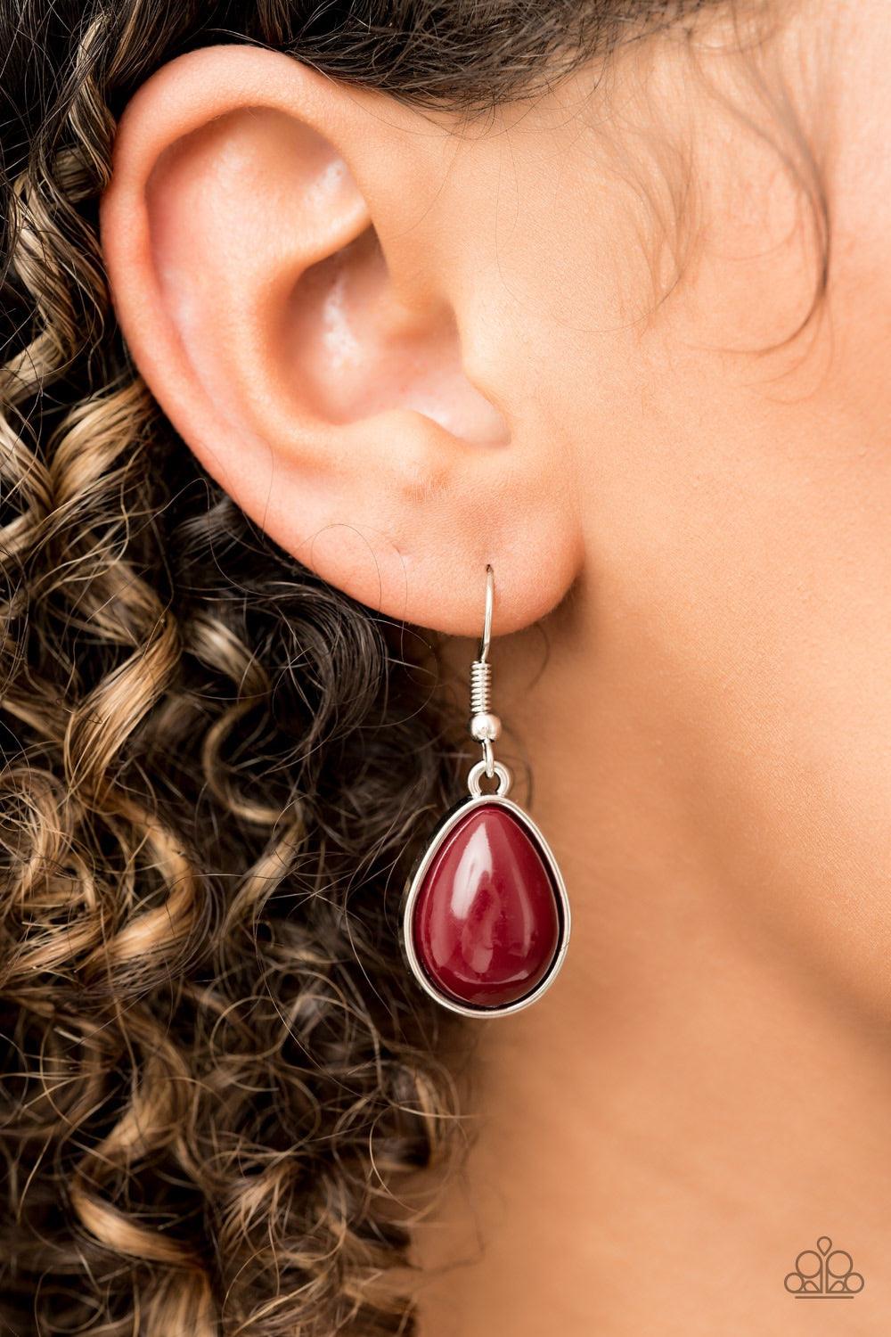 Paparazzi Accessories Shop Til You TEARDROP - Red Tinted in the classic rich hue of Wine, polished red teardrops gradually increase in size as they trickle along rows of interconnected mesh chain. The robust beads drip into a tapered shape, creating a dra