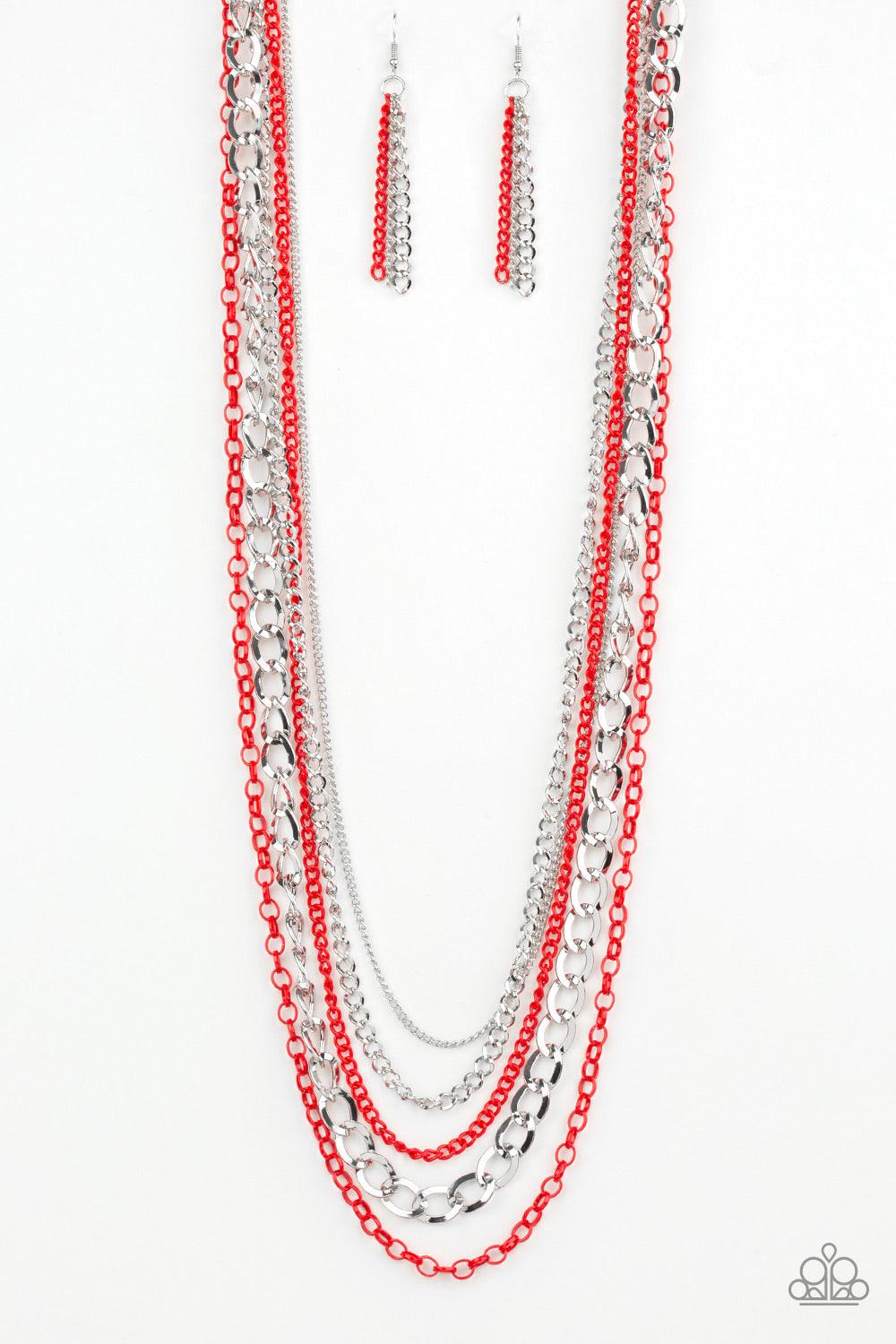 Paparazzi Accessories Industrial Vibrance - Red A collision of mismatched silver and fiery red chains layer down the chest for a colorful industrial flair. Features an adjustable clasp closure. Jewelry