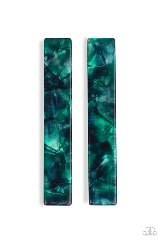 Paparazzi Accessories Right HAIR, Right Now - Green Speckled in green accents, a pair of iridescent acrylic frames pin back the hair for a colorfully retro look. Features standard hair clips on the back. Color may vary. Hair Accessories