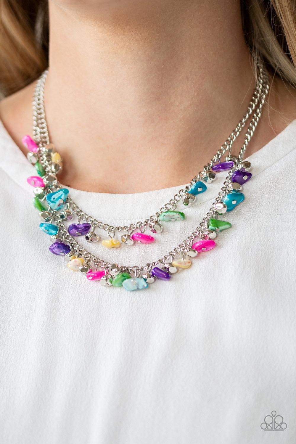 Paparazzi Accessories Pebble Pioneer - Multi Two strands of vivacious multicolored pebbles and faceted silver beads swing from the bottoms of two layered chains, creating a colorful fringe below the collar. Features an adjustable clasp closure. Jewelry