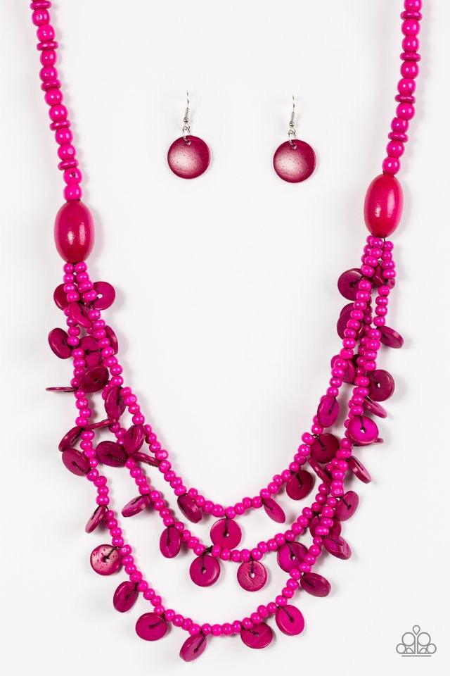 Paparazzi Accessories Safari Samba - Pink Brushed in a vivacious pink finish, two bold wooden beads give way to summery layers. Brushed in a distressed finish, dainty wooden discs swing from the bottom of the layers for a flirty finish. Sold as one indivi