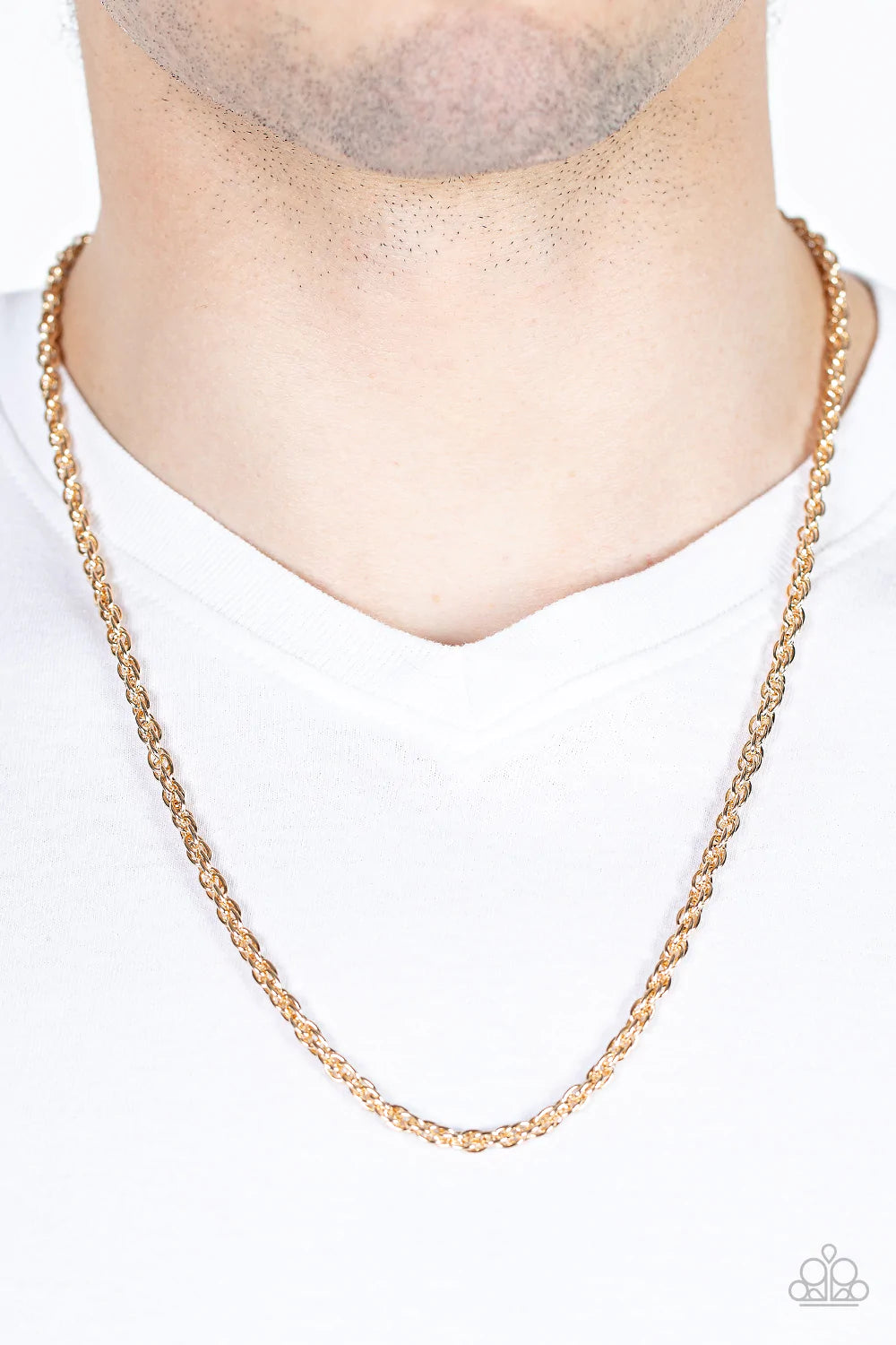 Paparazzi Accessories Industrial Interval - Gold A decoratively linked gold chain drapes below the collar for an edgy urban look. Features an adjustable clasp closure. Sold as one individual necklace. Jewelry