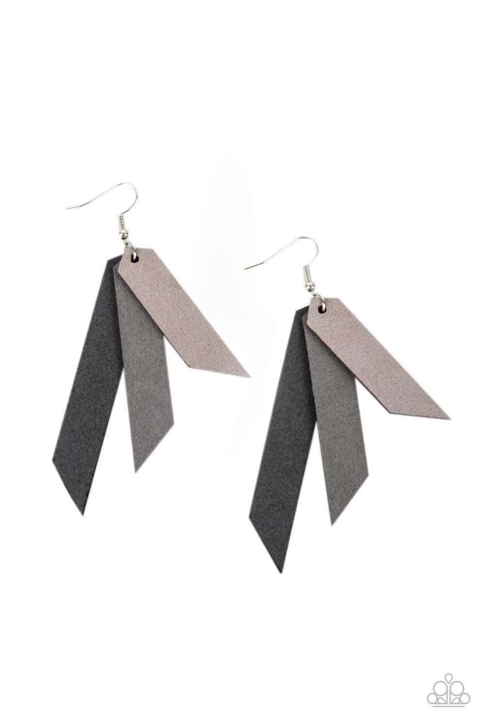 Paparazzi Accessories Suede Shade - Silver Featuring angled edges, an ombre of gray suede leather frames layer into a tapered tassel for an earthy effect. Earring attaches to a standard fishhook fitting. Sold as one pair of earrings. Jewelry