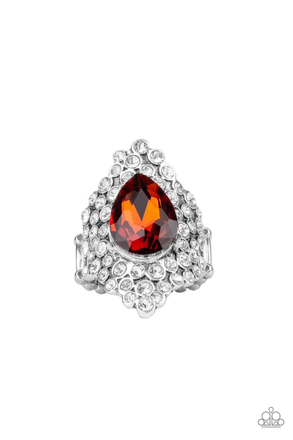 Paparazzi Accessories Hollywood Heiress - Brown Featuring a regal teardrop cut, a glittery gem is pressed into the center of a sparkling backdrop of glassy white rhinestones, creating a blinding centerpiece atop the finger. Features a stretchy band for a