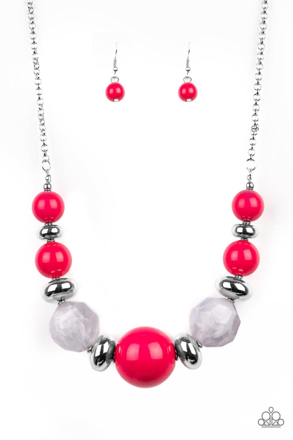 Paparazzi Accessories Daytime Drama - Pink Gradually increasing in size near the center, a collection of pink, silver, and cloudy beads join below the collar in a statement making fashion. Features an adjustable clasp closure. Jewelry