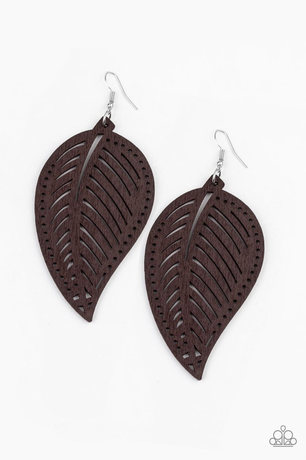 Paparazzi Accessories Amazon Zen - Brown Featuring stenciled detail, a brown wooden leaf swings from the ear for a seasonal flair. Earring attaches to a standard fishhook fitting. Jewelry