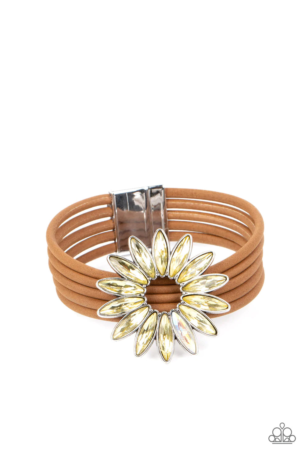 Paparazzi Accessories Astral Adventure - Yellow Row after row of brown suede cords layer around the wrist. Featuring oblong marquise style cuts, a collection of yellow and iridescent rhinestones fans out into a circular focal point, resulting in a celesti