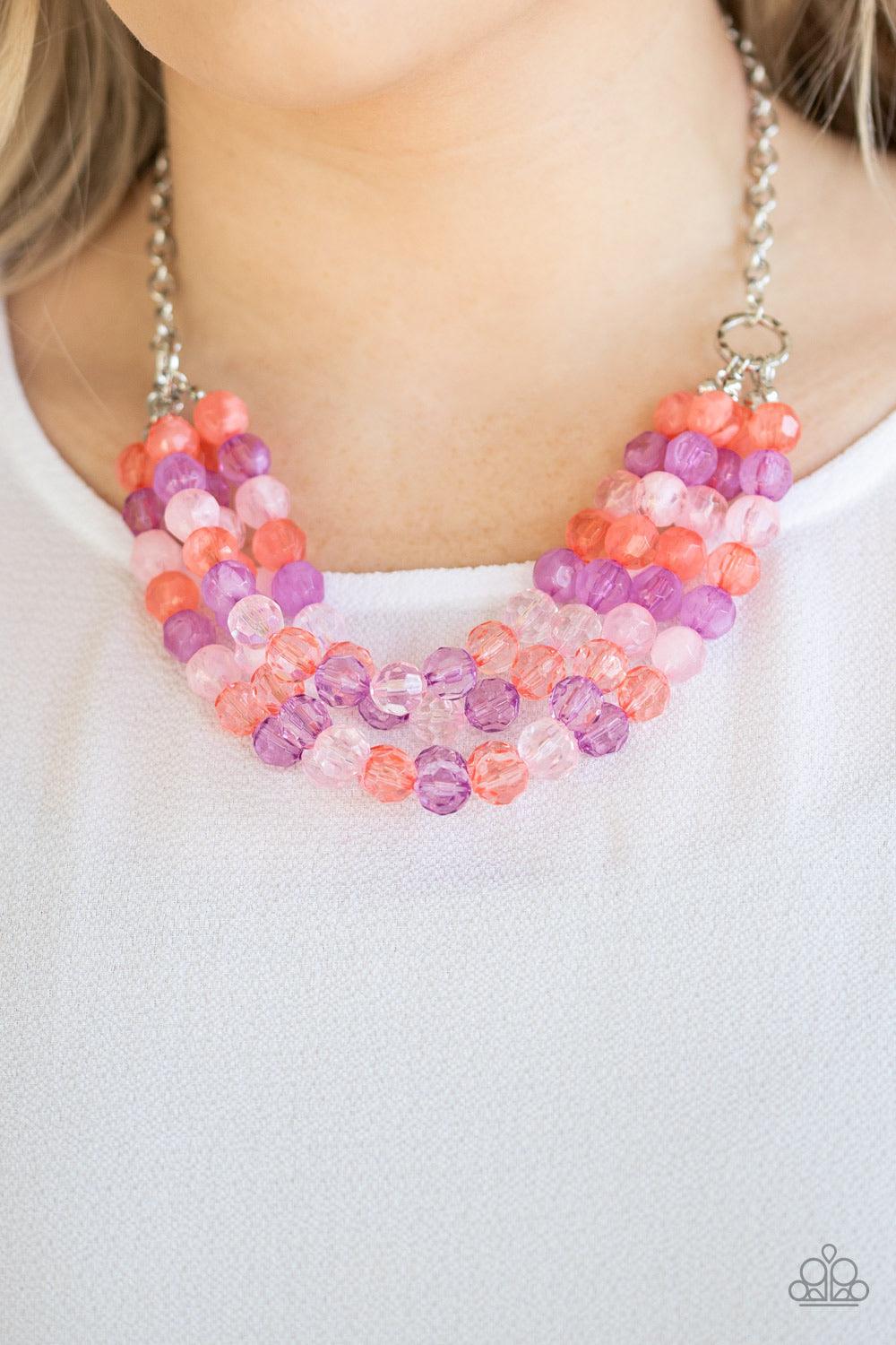 Paparazzi Accessories Summer Ice - Multi strands of faceted coral, pink, and purple crystal-like beads alternate below the collar, creating colorfully icy layers. Features an adjustable clasp closure. Jewelry
