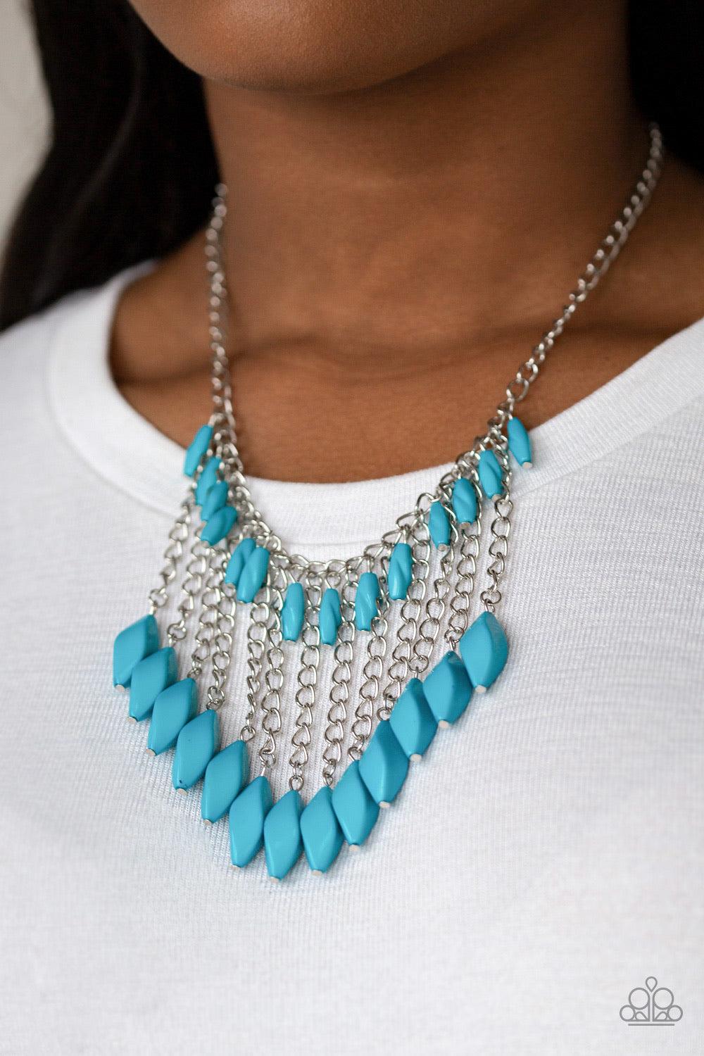 Paparazzi Accessories Venturous Vibes - Blue A row of faceted blue beads swing from the bottom of a shimmery silver chain below the collar. Larger blue beads cascade from the bottoms of free-falling silver chains, creating a vivacious fringe. Features an