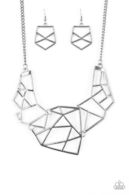 Paparazzi Accessories World Shattering - Black Shattered gunmetal plates link below the collar, coalescing into an edgy geometric pendant. Features an adjustable clasp closure. Sold as one individual necklace. Includes one pair of matching earrings. Jewel