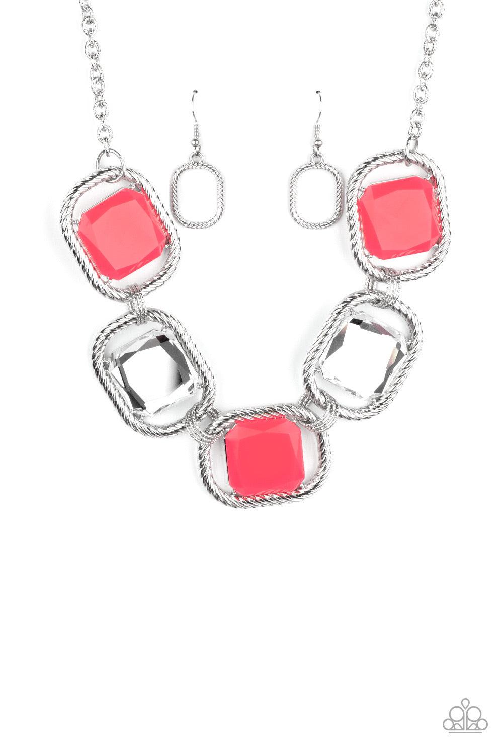 Paparazzi Accessories Pucker Up ~Pink Featuring regal cuts, faceted white gems and neon pink beads are pressed into the centers of rope-like silver frames that triple link below the collar for a dramatic pop of color. Features an adjustable clasp closure.