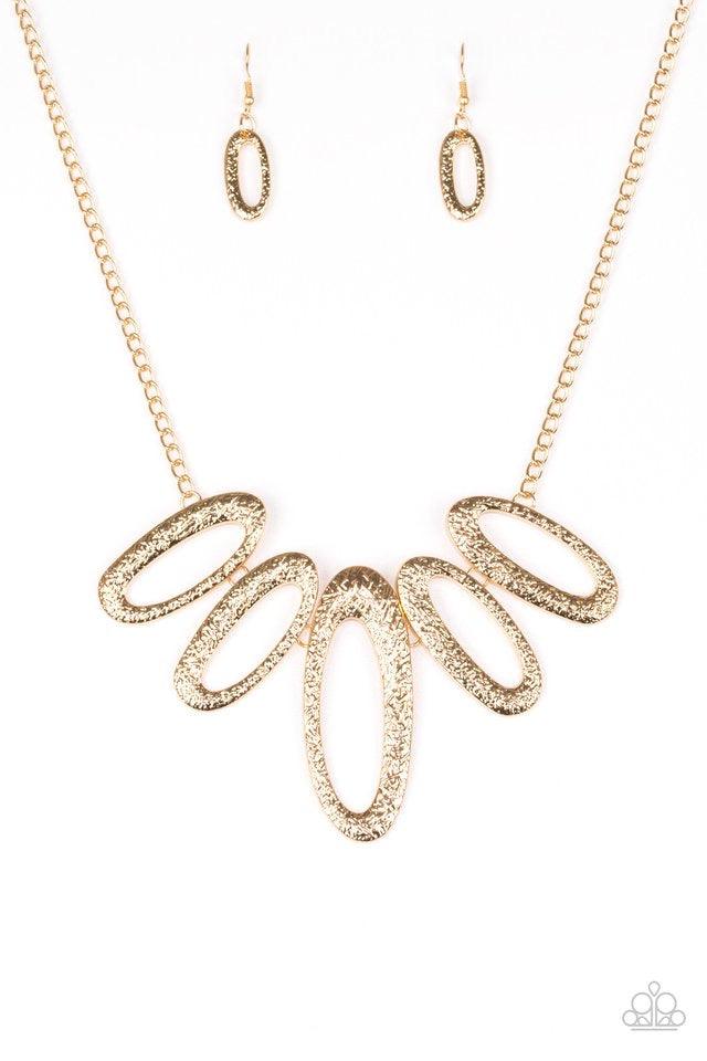 Paparazzi Accessories Easy, TIGRESS! - Gold Embossed in radiating textures, asymmetrical gold ovals link below the collar in a fierce fashion. Features an adjustable clasp closure. Sold as one individual necklace. Includes one pair of matching earrings. J