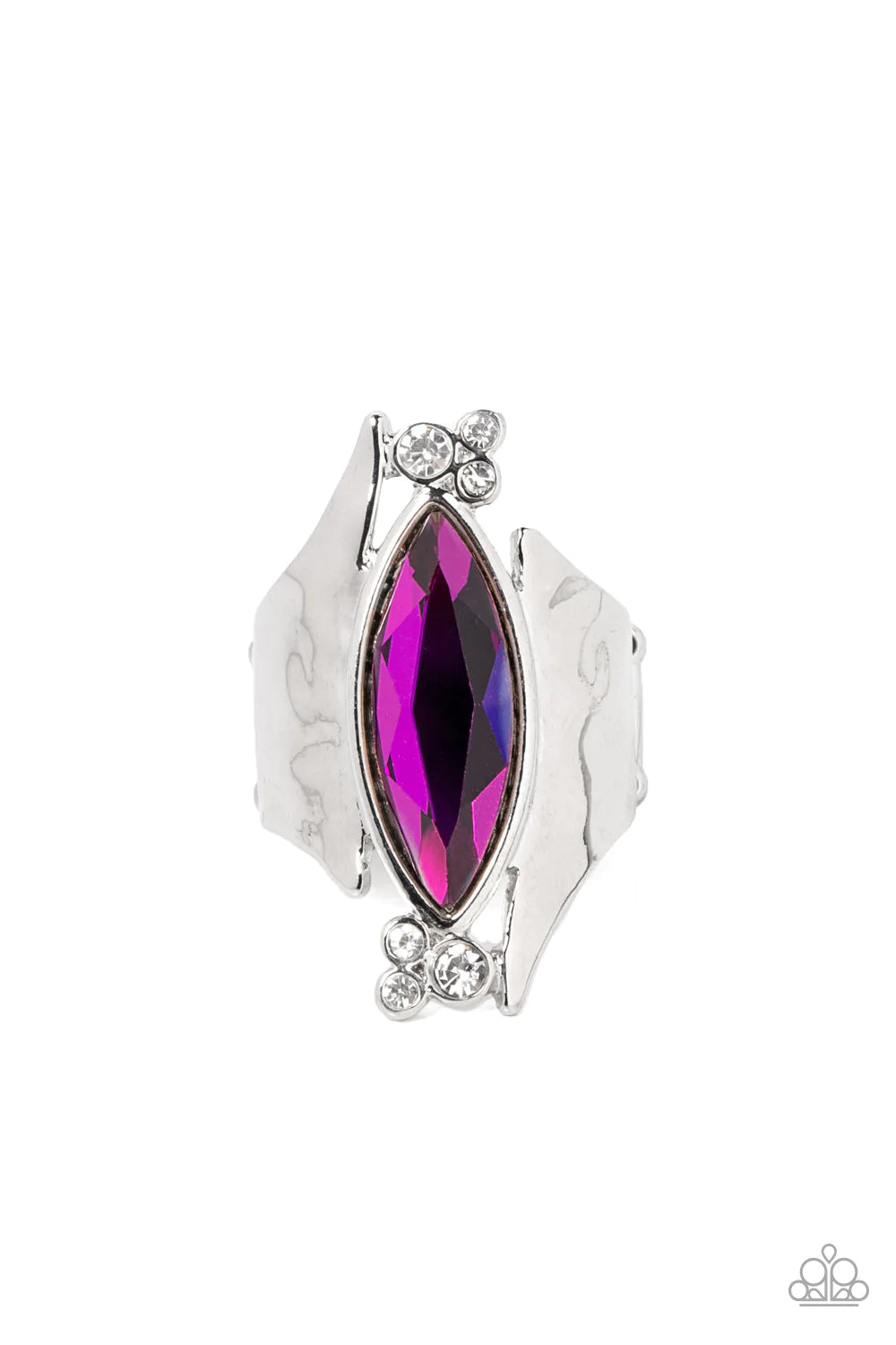 Paparazzi Accessories Planetary Paradise - Pink An oversized marquise cut pink iridescent gem asymmetrically balances between two flared and hammered silver frames. Clusters of dainty white rhinestones flanks the spellbinding centerpiece for a delicate fi
