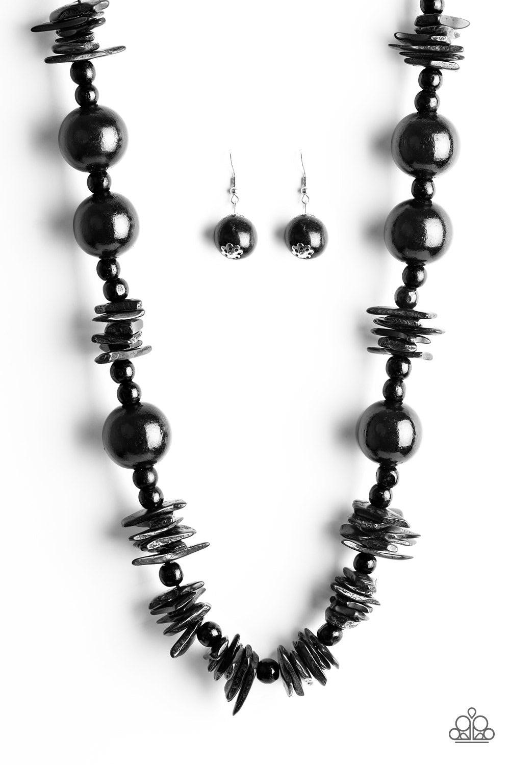 Paparazzi Accessories Yes We CANCUN - Black Brushed in a neutral black finish, polished wooden beads and distressed wooden accents trickle along the chest for a summery look. Jewelry