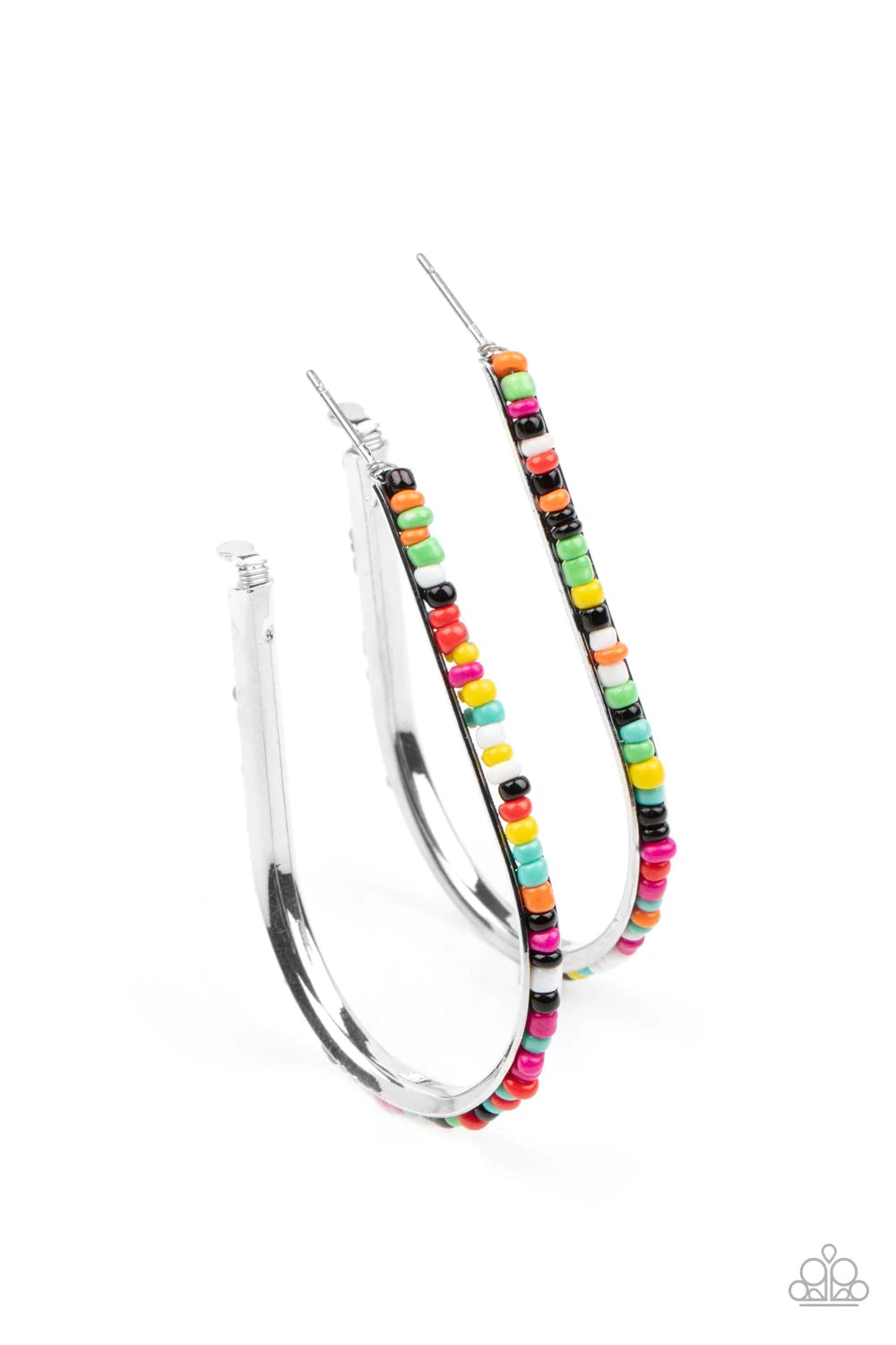 Paparazzi Accessories Beaded Bauble - Multi A dainty collection of multicolored seed beads embellish the beveled spine of a silver hook shaped hoop, creating a trendy pop of color. Hoop measures approximately 1 1/2" in diameter. Earring attaches to a stan