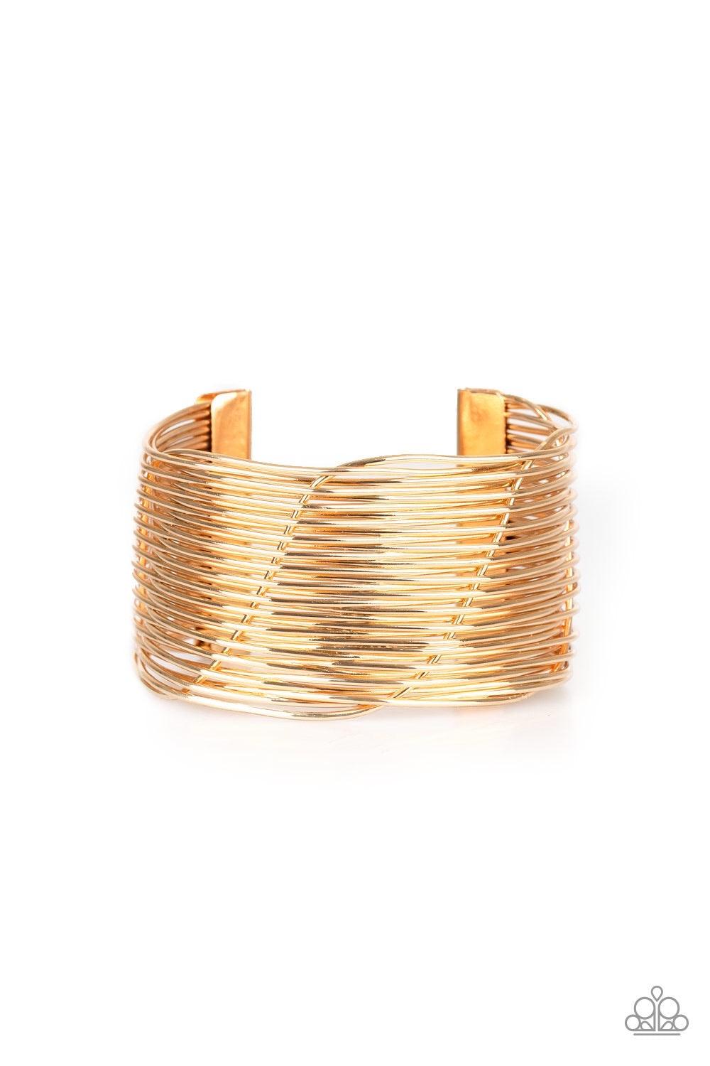 Paparazzi Accessories Retro Revamp - Gold A glistening gold wire weaves through stacked gold bars arcing across the wrist, coalescing into an edgy cuff. Sold as one individual bracelet. Jewelry