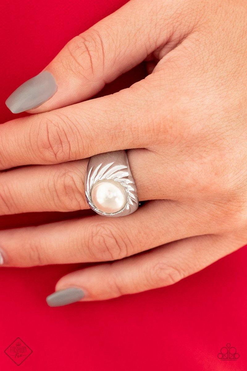 Paparazzi Accessories Wall Street Whimsical ~White A pearly white bead is pressed into the center of a thick silver band swirling with a spiral-like pattern for a refined flair. Features a stretchy band for a flexible fit.