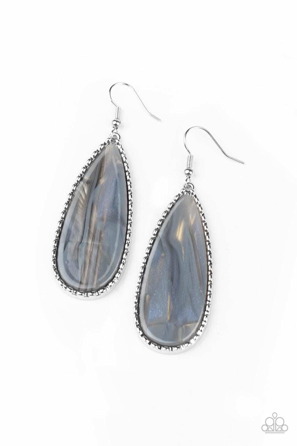 Paparazzi Accessories Ethereal Eloquence - Silver Featuring a shell-like shimmer, a faux marble acrylic teardrop is encased into a studded silver frame for an ethereally refined fashion. Earring attaches to a standard fishhook fitting. Sold as one pair of