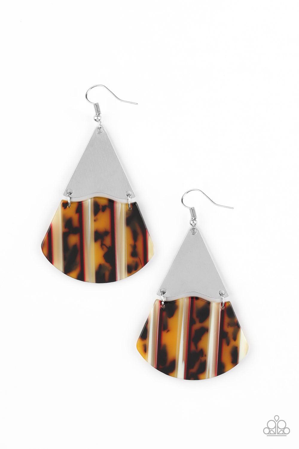Paparazzi Accessories Social Animal - Yellow Streaked in sections of brown and yellow tortoise shell and red and white stripes, a wavy acrylic frame links to the bottom of a delicately hammered silver triangular plate, creating a wild lure. Earring attach